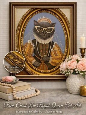 Carol Lee NIB Queen Cat With Glasses Ornate Oval Framed 18"×15" Cat Lovers